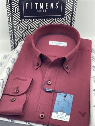 Slim Fit Uzun Kol Baklava Desen Kol Nakışlı Yaka Düğmeli Hediye Kutulu Şık Erkek Gömlek FS-004200 - Bordo