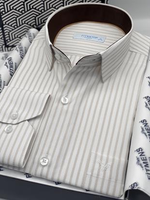 Klasik Uzun Kol Çizgili Hediye Kutulu Erkek Gömlek FS-003864 - Beyaz Bej