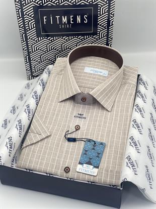 Klasik Kısa Kol Kareli Hediye Kutulu Erkek Gömlek FS-004158 - Bej