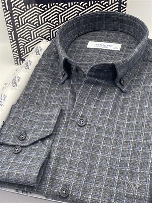 Klasik Uzun Kol Kışlık Ekoseli Yaka Düğmeli %100 Cotton Hediye Kutulu Erkek Gömlek FS-003767 - Lacivert