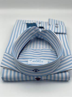 Slim Fit Uzun Kol Likralı Çizgili Yaka Düğmeli Hediye Kutulu Erkek Gömlek FS-003669 - Açık Mavi