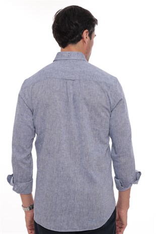 Slim Fit Uzun Kol Yaka Düğmeli Nefes Alan Keten Hediye Kutulu Erkek Gömlek FS-004548 - İndigo