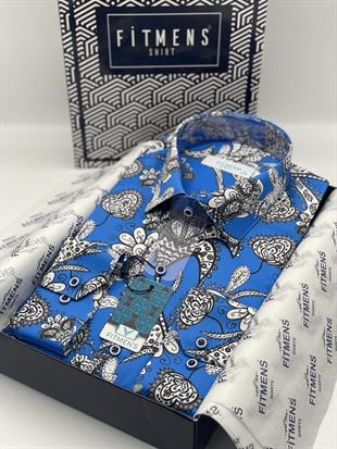 Slim Fit Uzun Kol Dijital Çiçek Baskılı Saks Mavi Gömlek FS-003237 - Saks Mavi