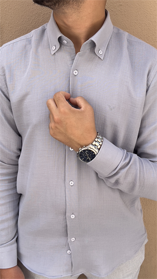 Slim Fit Uzun Kol Müslin Pamuk Rahat Nefes Alabilen Kumaştan Yaka Düğmeli Hediye Kutulu Erkek Gömlek FS-004202 - Gri
