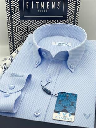 Slim Fit Uzun Kol Baklava Desen Kol Nakışlı Yaka Düğmeli Hediye Kutulu Şık Erkek Gömlek FS-004200 - Mavi