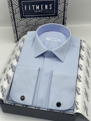 Slim Fit Uzun Kol Gizli Düğmeli Likralı Smokin Damatlık Erkek Gömlek FS-004296 - Mavi