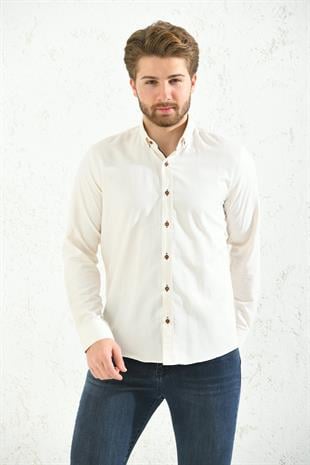 Slim Fit Uzun Kol Oxford Hediye Kutulu Kolay Ütülenebilir Erkek Gömlek - Krem
