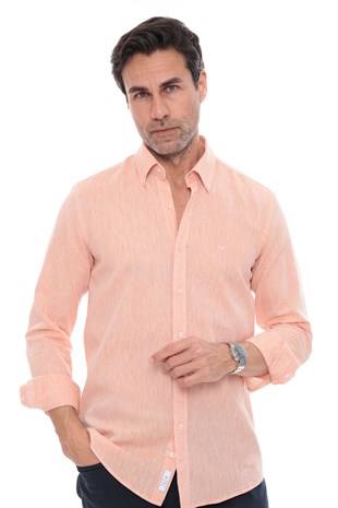 Slim Fit Uzun Kol Yaka Düğmeli Nefes Alan Keten Hediye Kutulu Erkek Gömlek FS-004548 - Oranj