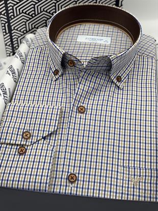 Klasik Uzun Kol Yaka Düğmeli Pöti Kareli Hediye Kutulu Erkek Gömlek FS-003774 - Bej