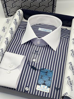 Klasik Uzun Kol Cepsiz Yaka Manşet Beyaz Hediye Kutulu Erkek Gömlek FS-004328 - Lacivert Beyaz