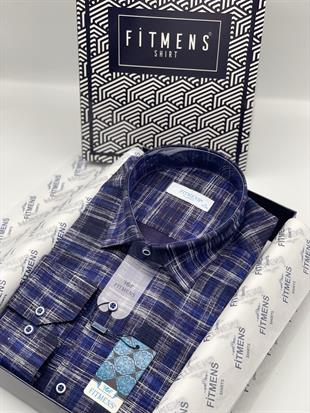 Klasik Uzun Kol Efektli Ekose Keten Cepsiz Yaka Alttan Düğmeli Erkek Hediye Kutulu Gömlek FS-003173 - Lacivert