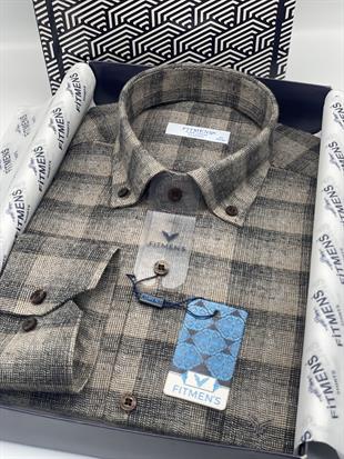 Klasik Uzun Kol Kışlık %100 Cotton Yaka Düğmeli Hediye Kutulu Erkek Gömlek FS-003135 - Kahverengi