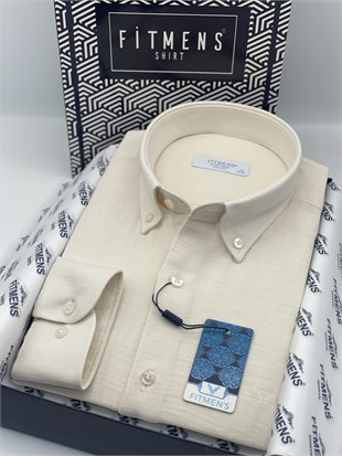 Slim Fit Uzun Kol Müslin Pamuk Rahat Nefes Alabilen Kumaştan Yaka Düğmeli Hediye Kutulu Erkek Gömlek FS-004202 - Krem
