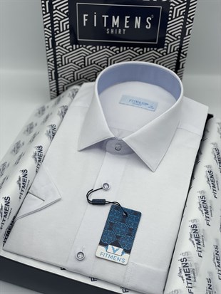 Klasik Kısa Kol Keten Cotton Hediye Kutulu Erkek Gömlek FS-003624 - Beyaz Açık Mavi