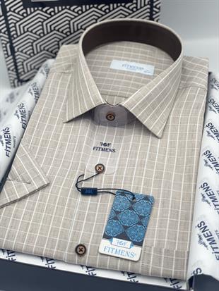 Klasik Kısa Kol Kareli Hediye Kutulu Erkek Gömlek FS-004158 - Bej