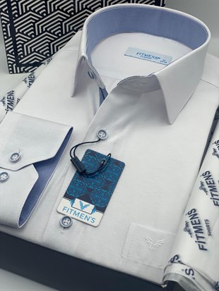 Klasik Uzun Kol Keten Cotton Hediye Kutulu Erkek Gömlek FS-001261 - Beyaz Açık Mavi