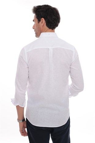 Slim Fit Uzun Kol Yaka Düğmeli Nefes Alan Keten Hediye Kutulu Erkek Gömlek FS-004548 - Beyaz