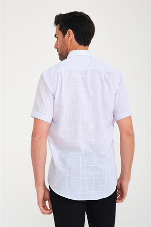 Klasik Kısa Kol Büyük Kare Flam Keten Düğmeli Yaka Hediye Kutulu Erkek Gömlek FS-000714 - Açık Mavi