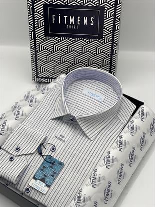 Klasik Uzun Kol Çizgili Keten Cotton Cepsiz Yaka Düğmeli Erkek Hediye Kutulu Gömlek FS-003169 - Beyaz