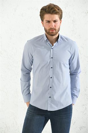 Slim Fit Uzun Kol Pöti Kareli Yaka Düğmeli Hediye Kutulu Erkek Gömlek FS-001373 - Gri