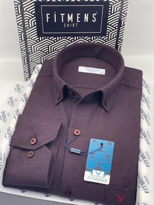 Klasik Uzun Kol Kışlık Yaka Düğmeli Yünlü %100 Cotton Hediye Kutulu Erkek Gömlek FS-003768 - Bordo