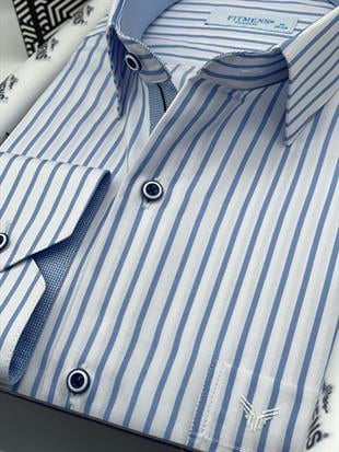 Klasik Uzun Kol Kalın Çizgili Hediye Kutulu Erkek Gömlek FS-001260 - Beyaz Açık Mavi