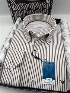 Slim Fit Uzun Kol Premium Çizgili Yaka Düğmeli Hediye Kutulu Erkek Gömlek FS-004440 - Kahverengi