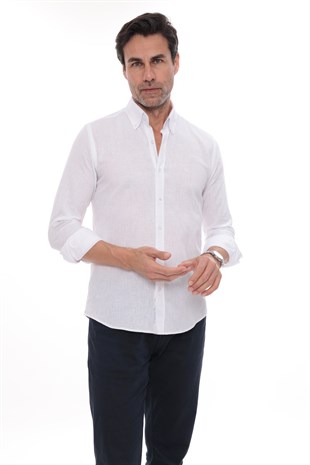 Slim Fit Uzun Kol Yaka Düğmeli Nefes Alan Keten Hediye Kutulu Erkek Gömlek FS-004548 - Beyaz