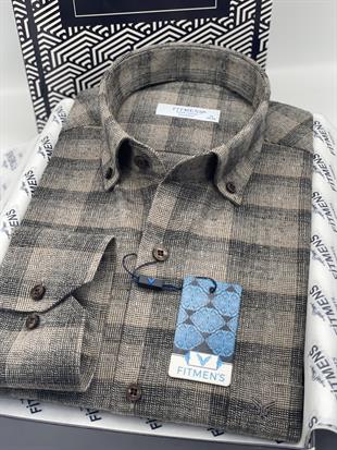 Klasik Uzun Kol Kışlık %100 Cotton Yaka Düğmeli Hediye Kutulu Erkek Gömlek FS-003135 - Kahverengi