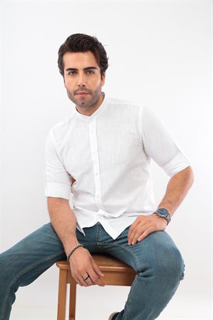 Hakim Yaka Slim Fit Keten Hediye Kutulu Erkek Gömlek FS-003042 - Beyaz