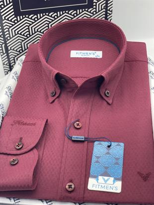 Slim Fit Uzun Kol Baklava Desen Kol Nakışlı Yaka Düğmeli Hediye Kutulu Şık Erkek Gömlek FS-004200 - Bordo