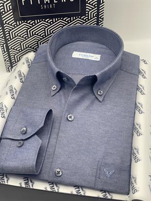 Klasik Uzun Kol Pamuklu Yaka Düğmeli Hediye Kutulu Kolay Ütülenebilir Erkek Gömlek FS-003897 - İndigo