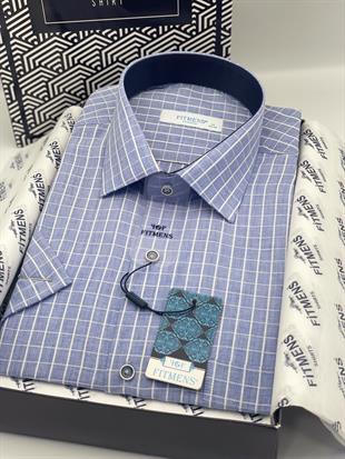 Klasik Kısa Kol Kareli Hediye Kutulu Erkek Gömlek FS-004158 - Mavi