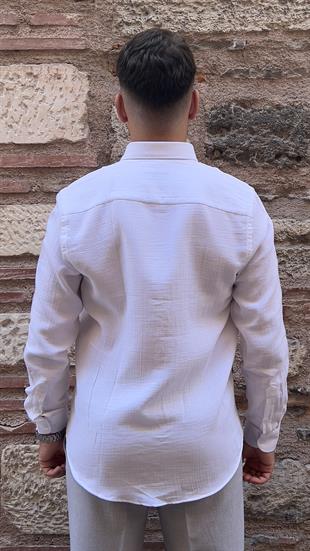 Slim Fit Uzun Kol Müslin Pamuk Rahat Nefes Alabilen Kumaştan Yaka Düğmeli Hediye Kutulu Erkek Gömlek FS-004202 - Beyaz