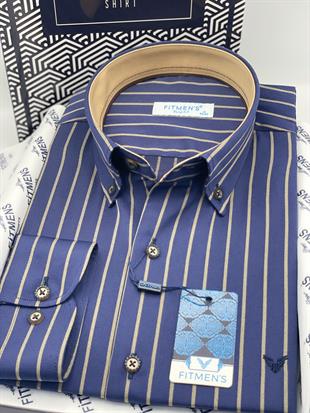 Slim Fit Uzun Kol Premium Çizgili Yaka Düğmeli Hediye Kutulu Erkek Gömlek FS-004335 - Lacivert Bej