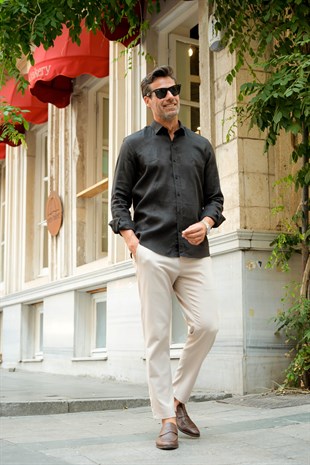 Slim Fit Uzun Kol %100 Keten Nefes Alabilen Kumaştan Hediye Kutulu Erkek Gömlek FS-004170 - Siyah