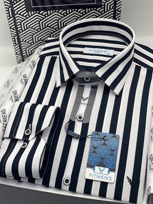 Klasik Uzun Kol Çizgili Cepsiz Yaka Alttan Düğmeli Likralı Hediye Kutulu Erkek Gömlek FS-003175 - Lacivert Beyaz