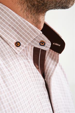 Klasik Kısa Kol Neon Kare Yaka Düğmeli Hediye Kutulu Erkek Gömlek FS-001221 - Bej