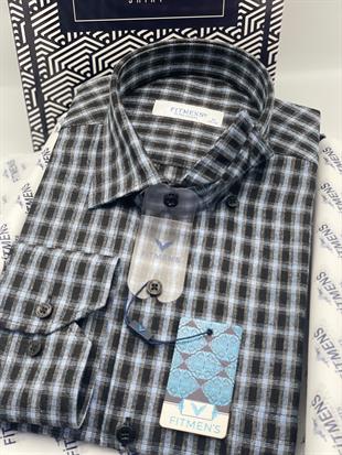 Klasik Uzun Kol Kışlık Kareli %100 Cotton Yaka Alttan Düğmeli Hediye Kutulu Erkek Gömlek FS-003129 - Lacivert