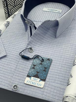 Klasik Kısa Kol Keten Cotton Kareli Pamuk Hediye Kutulu Erkek Gömlek FS-003009 - Mavi