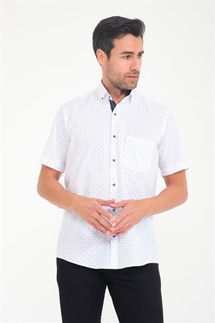 Klasik Kısa Kol Çarpı Filafil Desen Düğmeli Yaka Hediye Kutulu Erkek Gömlek FS-001215 - Beyaz