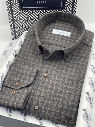 Klasik Uzun Kol Kışlık Ekoseli Yaka Düğmeli %100 Cotton Hediye Kutulu Erkek Gömlek FS-003767 - Kahverengi