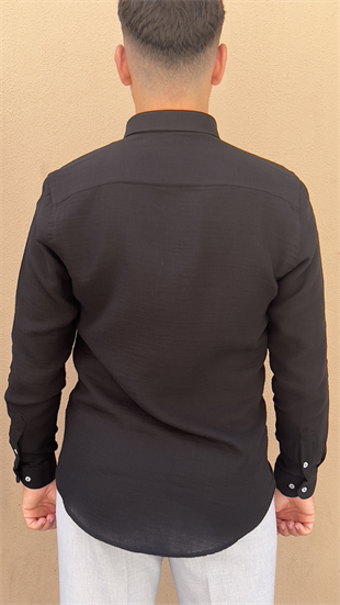 Slim Fit Uzun Kol Müslin Pamuk Rahat Nefes Alabilen Kumaştan Yaka Düğmeli Hediye Kutulu Erkek Gömlek FS-004202 - Siyah
