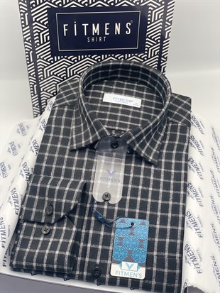 Klasik Uzun Kol Kışlık Kareli %100 Cotton Yaka Alttan Düğmeli Hediye Kutulu Erkek Gömlek FS-003129 - Siyah
