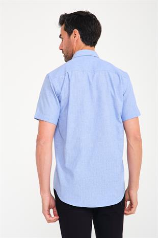 Klasik Kısa Kol Neon Çiçek Armür Hediye Kutulu Erkek Gömlek FS-001214 - Mavi