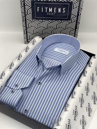 Klasik Uzun Kol Premium Kalın Çizgili Hediye Kutulu Erkek Gömlek FS-001266 - Mavi Beyaz