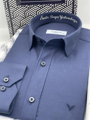 Slim Fit Uzun Kol Ömür Boyu Yakandayım Nakışlı Hediye Kutulu Erkek Gömlek FS-001376 - Lacivert