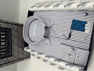 Slim Fit Uzun Kol Premium Çizgili Yaka Düğmeli Hediye Kutulu Erkek Gömlek FS-004440 - Saks Mavi