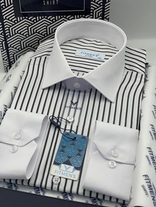 Klasik Uzun Kol Cepsiz Yaka Manşet Beyaz Hediye Kutulu Erkek Gömlek FS-004325 - Beyaz Siyah