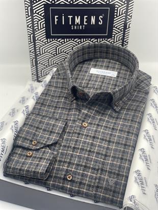 Klasik Uzun Kol Kışlık Yaka Düğmeli %100 Cotton Hediye Kutulu Erkek Gömlek FS-003764 - Siyah Bej